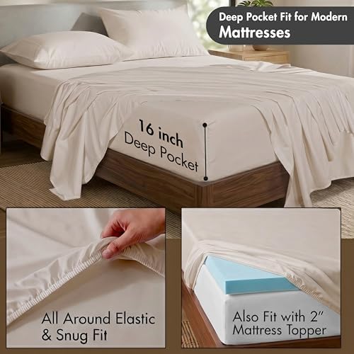 ZOYER 100% Cotton Sheets – King Size Percale Bedding, Cooling & Breathable, Durable with a Crisp, Soft & Comfortable Feel, 16" Deep Pocket, 4-Piece Set, Soft Sand