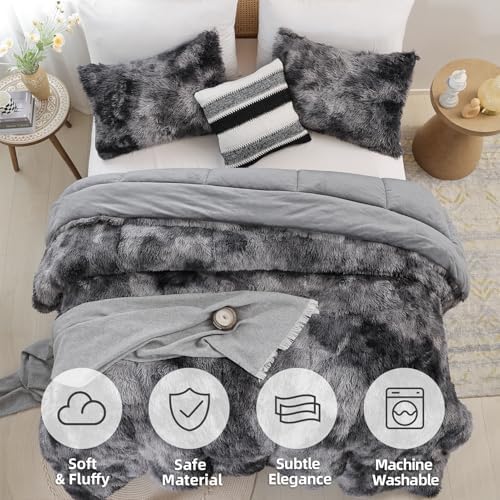 Smoofy Fluffy Full Size Comforter Set Tie-dye Grey Faux Fur Comforter 3Pcs