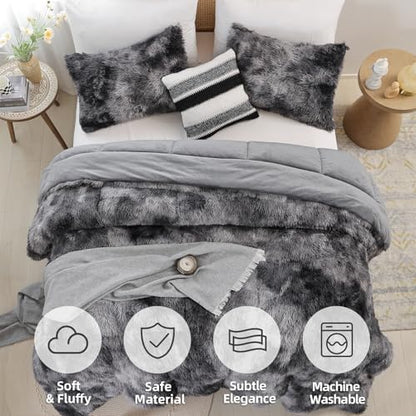 Smoofy Fluffy Full Size Comforter Set Tie-dye Grey Faux Fur Comforter 3Pcs