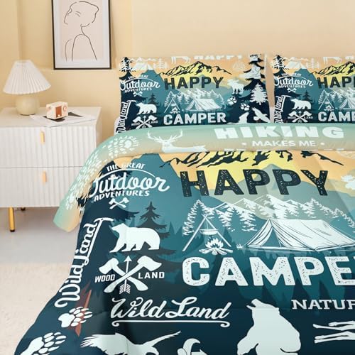 QOOMO Camping Kids Queen Comforter Set 3Pcs Adventure Bedding Set for Girls Boys Wild Animal Printed Comforter with 2 Pillowcases Lightweight Microfiber for All Seasons