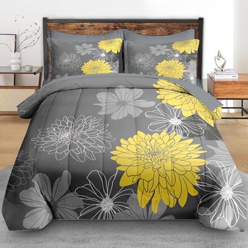 Pamnest Queen Comforter Set with Sheets, 7 Pieces Flower Yellow Bedding