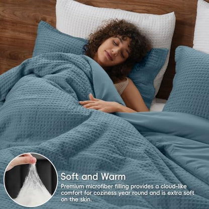 PHF Ultra Soft Waffle Comforter Set 3 Pieces Queen, Stormy Blue