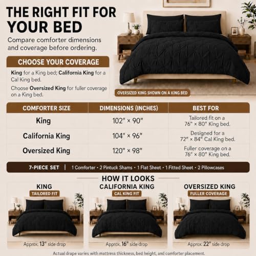 HIMEET Oversized King Comforter Set Black - 7 Pieces Pintuck Bed in a Bag