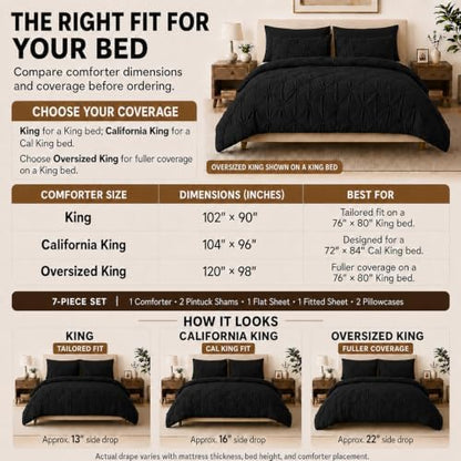 HIMEET Oversized King Comforter Set Black - 7 Pieces Pintuck Bed in a Bag