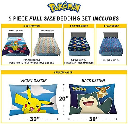 Pokémon Gaming Anime Kids Bedding Super Soft Microfiber Comforter And Sheet Set, 5 Piece Full Size, (Officially Licensed Product) By Franco