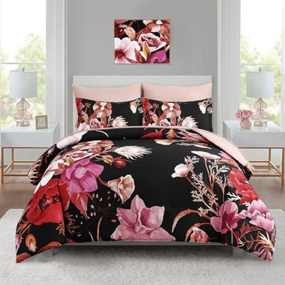 Luxudecor Floral Comforter Set King Size 7 Piece, Red Flower Bed in a Bag, Elegant Comforter Bedding Set for All Season (Red, 104"x90")