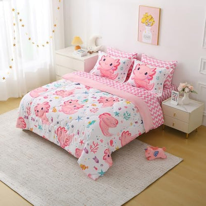 Girls Pink 7 Piece Axolotl Comforter Set for Kids Full Size Kawaii Axolotl Bedding for Teen 3D Animals Colorful Bed Set (Comforter,Flat Sheet,Fitted Sheet and Pillow Sham)