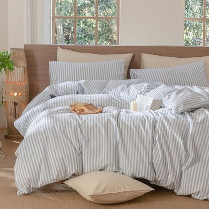 MooMee Striped Duvet Cover Set 100% Washed Cotton Linen Like Cal King