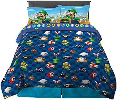 Super Mario Kids Full Size Bedding, 5 Piece Super Soft Cozy Reversible Comforter and Sheet Set, (Officially Licensed Product) By Franco