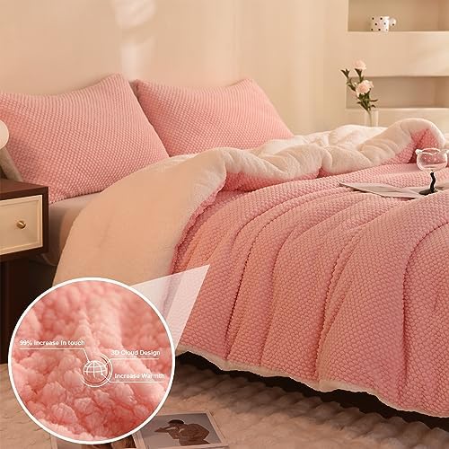 LLanCL 3D Jacquard Design Comforter Set, Ultra-Soft Warm Queen Size Sherpa Fur Plush 3-Pieces Sets Luxury Cozy Bedding with 2 Pillowcases (90"x90", Pink)
