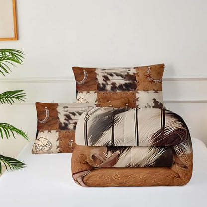 Western Comforter Set Twin,Cow Print Comforter Set for Boys,Retro Cowhide Animals Skin Brown Bedding Set,Western Cowboy Bedding Set, Cowboy Boot and Arrow Pattern Quilt Set
