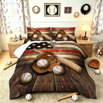 HOSIMA Boys American Flag Baseball Bedding Set Full with 2 Pillowcases.