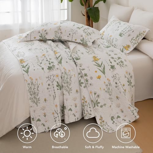 Lady Ann Oversized King Quilt 120x120, Cotton California King Size Quilted Bedding Set, Yellow Floral & Green Leaves Pattern Printed Cottagecore Coverlet Set Shabby and Chic Bedspread, 3 Pcs