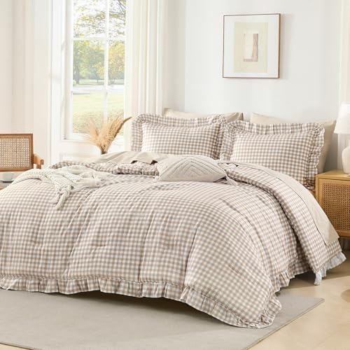 Andency Tan Gingham Ruffle Comforter Queen, 3 Pieces Vintage Bedding