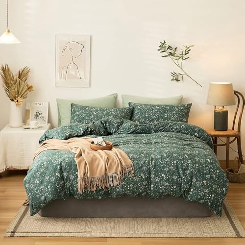 Vintage Green Floral Duvet Cover Full Size Jersey Knit Cotton Chic Floral Bedding Set Garden Style Botanical Flower Comforer Cover Floral Cottagecore Bedding Set 1 Duvet Cover with 2 Pillowcases