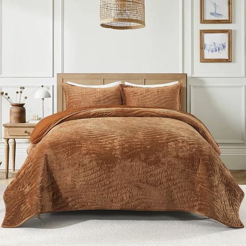 HoneiLife Velvet Quilts Queen Size - Lightweight Bedspreads 3-Pieces, Solid Coverlets Queen Quilt Bedding Sets, Wavy Quilt Sets for All Season Use-Camel