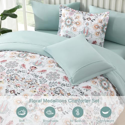 DHSFKBE Boho Comforter Set King - 7 Pieces Bed in a Bag Floral Design, Bohemian Comforter Set with Sheets, Soft Microfiber Complete Bedding Sets All Season (Light Green, King)
