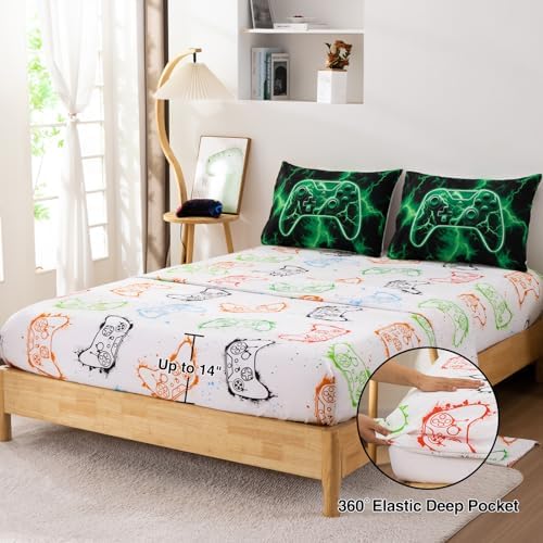 Meeting Story Boys Full Size Comforter Set, 5 Pieces 3D Game Controller Design Gamer Comforter Set, Polyester Fiber Boys Bedding for Kids Teens,Suitable for All Seasons(Green)
