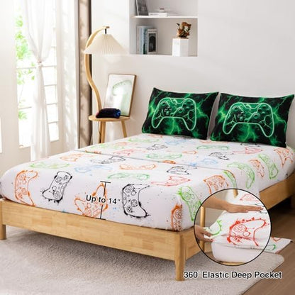 Meeting Story Boys Full Size Comforter Set, 5 Pieces 3D Game Controller Design Gamer Comforter Set, Polyester Fiber Boys Bedding for Kids Teens,Suitable for All Seasons(Green)