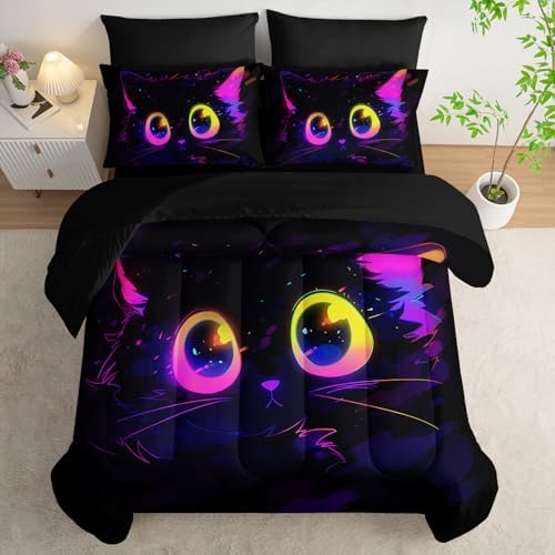 Nttopship Cute Cat Kids Comforter Set Full Size 7pcs Black in Dark 3D Digital Animals Printed Pattern Comforter Set for Kids Boys Girls Adults Animal Print Room Decor