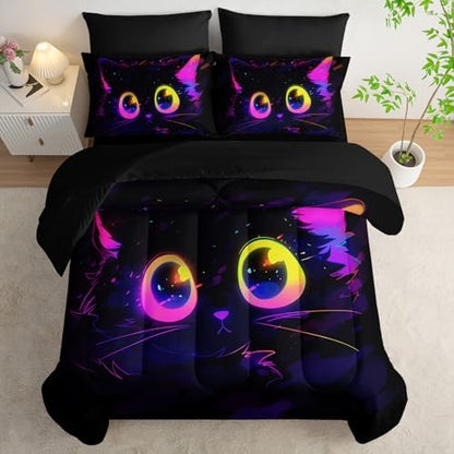 Nttopship Cute Cat Kids Comforter Set Full Size 7pcs Black in Dark 3D Digital Animals Printed Pattern Comforter Set for Kids Boys Girls Adults Animal Print Room Decor