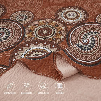 LEAONME 3-Piece Full Queen Size Burnt Orange Rust Quilt Set Lightweight Oversized Bedspread 90''x98'' Soft Microfiber Floral Coverlet Luxurious Warm Bed Cover for All Seasons (1 Quilt, 2 Pillow Shams)