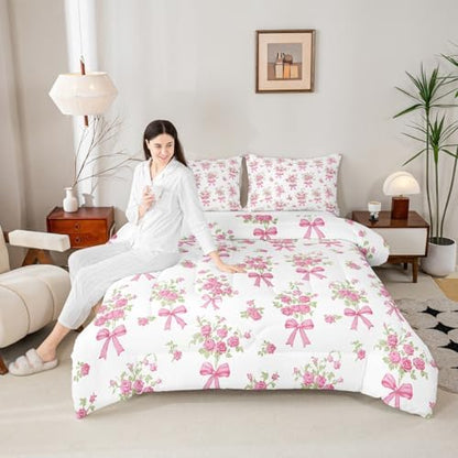 jejeloiu Bowknot Comforter Set King Size Rose Bedding Set for Kids Boys Girls Pink Bow Duvet Quilt Rose Floral Flower Bedroom Decor Microfiber 3 Pcs with 2 Pillow Cases