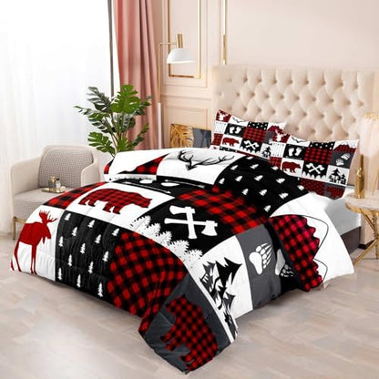 LUVIVIHOME 3PCS Rustic Cabin Comforter Set King Size, Christmas Bedding, Deer Bear White Red Black Plaid Patchwork Lodge Log Country Farmhouse Bedroom Decor, Soft Microfiber Quilt, 2 Pillow Shams