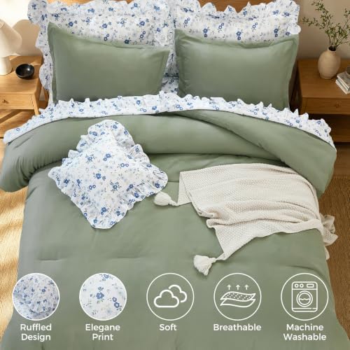 WONGS BEDDING 8PC Queen Comforter Set, Ruffle Comforter with Floral Sheets