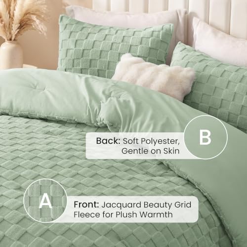 Love's cabin Fleece Queen Comforter Set, Fluffy & Reversible, Sage Green