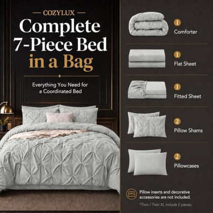 CozyLux Full Size Comforter Sets Light Grey, 7 Pieces Pintuck Bed in a Bag