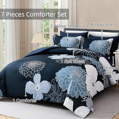 Yiran Navy Blue Bed in a Bag Comforter Set Queen 7 Pieces Floral Bedding Set for Bed,Soft Microfiber Flowers Comforter with 1 Flat Sheet 1 Fitted Sheet 2 Pillowshams