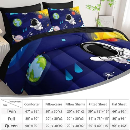 AILONEN Kids Cartoon Astronaut Comforter Sets Twin Size,Cute Astronaut Rockets Bedding Set Bed in a Bag for Boys Teens,Outer Space Comforter & Fitted Sheet + Flat Sheet & 2 Pillowcases,2 Pillow Shams