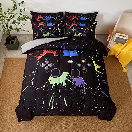 akkialla Gamer Comforter Sets Queen Size for Boys Teen,Game Controller Colorful Comforter with 2 Pillowcases, 3 Piece Video Gaming Bedding Set for Game Lovers,All Season(Black,Queen)