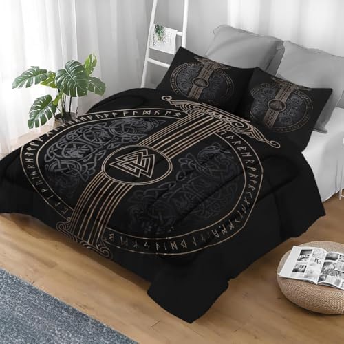 Pamnest Comforter Set Full Size, Tree Viking Norse Soft 3 Pcs Bedding for Kids and Adults, Dragon Medieval Gothic Comforter Set with 2 Pillowcases, for Bedroom Bed Decor