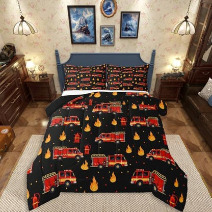 Erosebridal Fire Truck Queen Comforter Set for Boys, Black and Red Bedding Set for Firefighter Room Decor, Cartoon Red Firemen Car Comforter, Fire Engine Duvet Insert with 2 Pillowcase, 3 Pcs