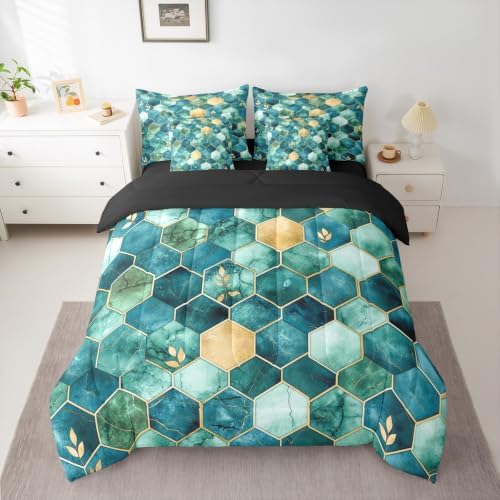Erosebridal 3D Marble Honeycomb Comforter Set Queen Size,Geometric Hexagon Bedding Set for Kids Teens,Modern Foil (Comforter+Fitted+Flat Sheet+2 Pillowcases+2 Throw Pillow Covers) 7 Pieces Bed Set