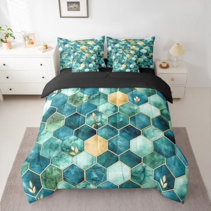 Erosebridal 3D Marble Honeycomb Comforter Set Queen Size,Geometric Hexagon Bedding Set for Kids Teens,Modern Foil (Comforter+Fitted+Flat Sheet+2 Pillowcases+2 Throw Pillow Covers) 7 Pieces Bed Set