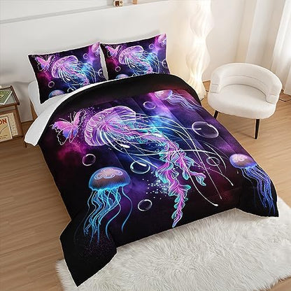 HOSIMA Jellyfish Printed Twin Comforter Ocean Theme Bedding Set 3 Piece,Universe Starry Sky Comforter Twin Bed in a Bag Galaxy Bedding Room Decor Butterfly Comforter for Kids Teens Adult.