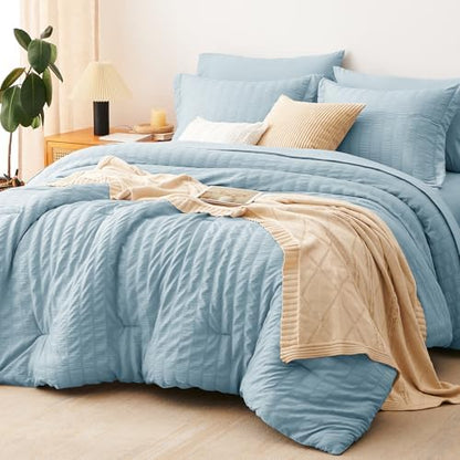 CozyLux California King Comforter Set, Light Blue Seersucker Bed in a Bag