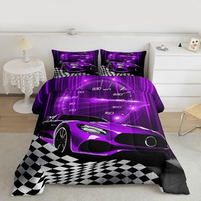 Erosebridal Purple Race Car Comforter Set for Kids Boys,Glitter Ombre Line Art Bedding Set Neon Light Sports Car Dashboard Quilt Full,Black and White Grid Lattice Buffalo Plaid Decor