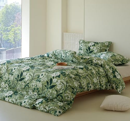 Twin Comforter Set 2 Pieces, 100% Cotton Green Leaf Print Bedding Set for All‑Season, Soft Hypoallergenic Comforter with 1 Pillow Sham