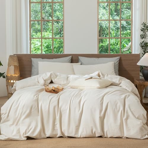 MooMee Striped Duvet Cover Set 100% Washed Cotton Linen Like Alaska King