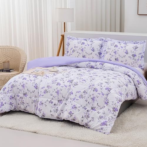 Mooreeke Floral Queen Size Comforter Sets, Lightweight Purple Lavender Botanical Printed Bedding for All Seasons, 3-Piece Vintage Bed in a Bag with Fluffy Quilted Reversible Comforter & 2 Pillow Shams
