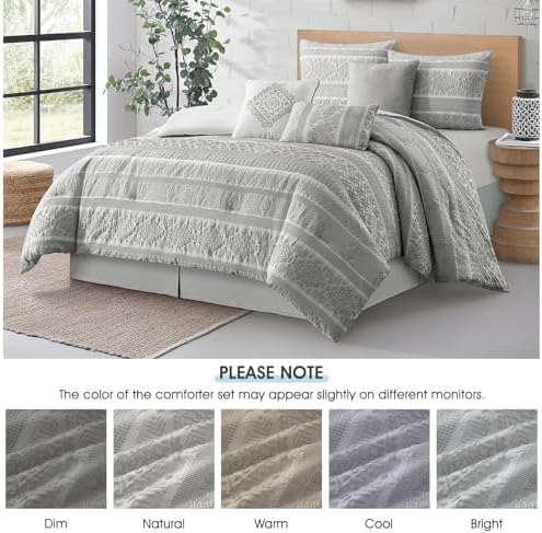 LANCO MODERN LIFESTYLE 7 Piece Queen Comforter Set, Grey, Elegant Jacquard with Patchwork, Stylish and Cozy Bedding Collection, Premium Bedding Set with Bedskirt, Shams and Pillows
