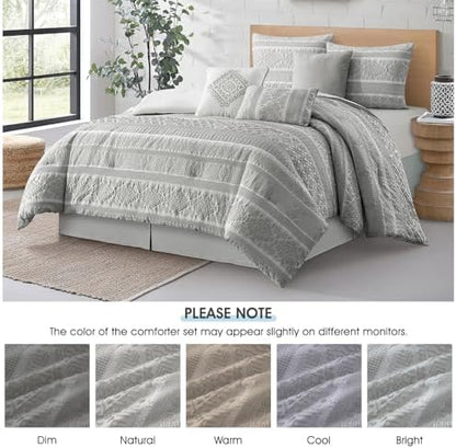 LANCO MODERN LIFESTYLE 7 Piece King Comforter Set, Grey, Elegant Jacquard with Patchwork, Stylish and Cozy Bedding Collection, Premium Bedding Set with Bedskirt, Shams and Pillows