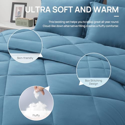 Love's cabin Oversized Queen Comforter Set, 7 Pieces Bed in a Bag, All Season Bedding Sets with 1 Comforter, 1 Flat Sheet, 1 Fitted Sheet, 2 Pillowcase and 2 Pillow Sham, Misty Blue