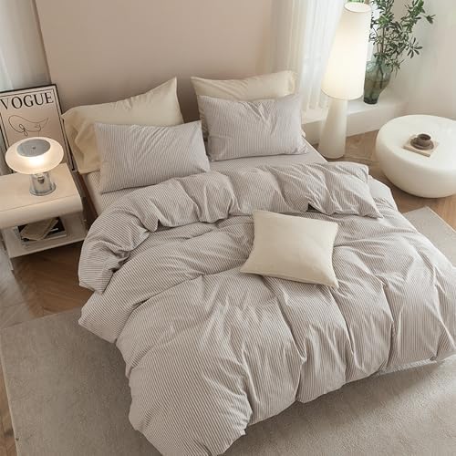 JIYUAN California King Washed Cotton Duvet Cover Set, Linen-Like Pinstripe