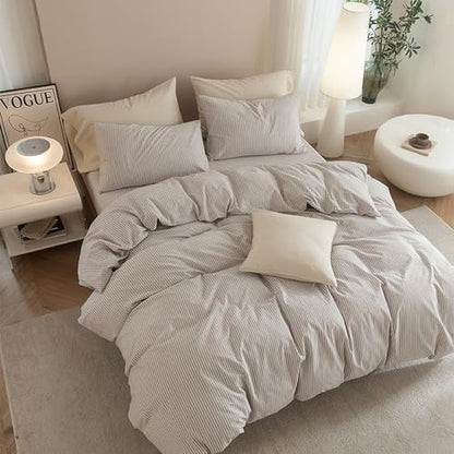 JIYUAN California King Washed Cotton Duvet Cover Set, Linen-Like Pinstripe