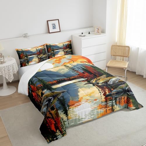 Sunset Lake House Comforter Set Full Size,Tree Branch Woodland Bedding Set for Kids Teens Adults Room Decor,Natural Scenery Retro Quilt Set,Camping Adventure Theme Duvet Insert 3Pcs,2 Pillowcases